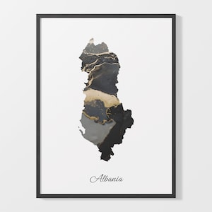 Albanien Kunstdruck, elegantes Landbild, albanische Karte Poster, schwarz-goldenes AL Painting, Blattgolddruck, C25-2