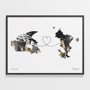 Canada to Mayotte Print, Mauritian Gift, Marble Two Countries Map Poster, Travel Art, Emigration Gift, C22-715