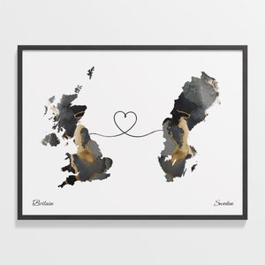 Impresión de Gran Bretaña a Suecia, regalo sueco, cartel de mapa de dos países de mármol, arte de la pared del Reino Unido, regalo de viaje al extranjero, C22-373