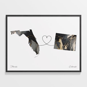 Print Florida naar Colorado, Colorado cadeau, marmer twee landen kaart poster, reiskunst, kaart nieuw land, C22-1304
