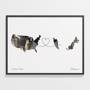 USA to Malaysia Print, Malaiische Geschenk, Marmor Zwei Länder Karte Poster, US Wand Kunst, Neues Zuhause Geschenk, C22-112