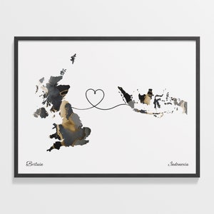 Von Großbritannien nach Indonesien, Indonesische Geschenk, Marmor Zwei Länder Karte Poster, Wandkunst Großbritannien, Zuhause im Ausland, C22-282