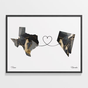 Impression du Texas au Nevada, cadeau du Nevada, affiche de carte de deux pays en marbre, art du voyage, carte mondiale de l'amour, C22-1280