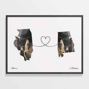 Illinois naar Alabama print, Alabamian cadeau, marmer twee landen kaart poster, reizen kunst, verhuizen naar het buitenland cadeau, C22-1456