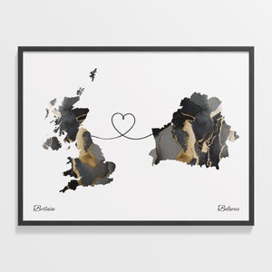 Großbritannien Weiß Weißruss Druck, Weißrussisch Geschenk, Marmor Zwei Länder Karte Poster, Wandkunst Großbritannien, Neue Landkarte, C22-215