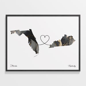 Florida to Kentucky Print, Kentucky Geschenk, Marmor Zwei Länder Karte Poster, Reisekunst, Beziehungskarte, C22-1316
