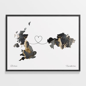 Großbritannien Kasachstan Druck, Kasachstan Geschenk, Marmor zwei Länder Karte Poster, UK Wandkunst, randlose Liebeskarte, C22-293