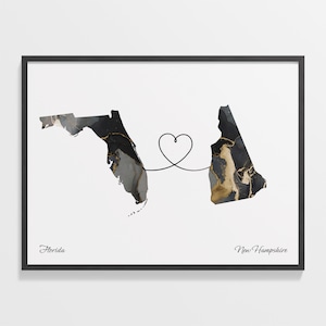 Print Florida naar New Hampshire, New Hampshire cadeau, marmer twee landen kaart poster, reizen kunst, wonen in het buitenland, C22-1329