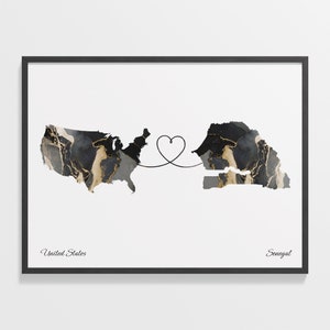 USA to Senegal Print, Senegal Geschenk, Marmor zwei Länder Karte Poster, US Wandkunst, internationale Liebe, C22-159