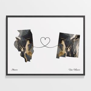 Illinois to New Mexico Print, New Mexican Gift, Marble Two Countries Map Poster, Travel Art, Faraway Love Map, C22-1487