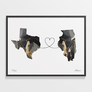 Texas to Illinois Print, Illinoisan Gift, Marble Two Countries Map Poster, Travel Art, Long Distance Gift, C22-1261