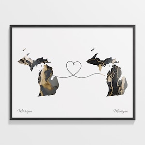 Michigan to Michigan Print, Michigander Gift, Marble Two Countries Map Poster, Travel Art, Faraway Love Map, C22-1685