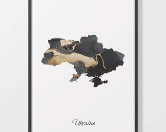 Ukraine Art Print, Ukrainian Map Poster, Elegant Country Artwork, Black and Gold UA Painting, Brushed metal look, C25-188
