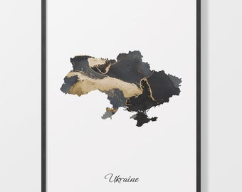 Ukraine Map Art Print, Black and Gold Abstract Painting, C25-188