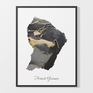 Impresión de arte de la Guayana Francesa, Cartel del mapa de Guayana, Obra de arte elegante del país, Pintura GF en negro y oro, Impresión de mapas premium, C25-62