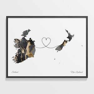 Impresión de Irlanda a Nueva Zelanda, regalo de Nueva Caledonia, cartel de mapa de dos países de mármol, arte de viaje, regalo de estudio en el extranjero, C22-1126