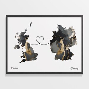 Britain to Germany Print, Deutsches Geschenk, Marmor Zwei Länder Karte Poster, UK Wandkunst, Abenteuer erwartet Karte, C22-266
