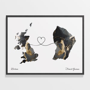 Impresión de Gran Bretaña a la Guayana Francesa, Regalo de Guyana, Cartel de mapa de dos países de mármol, Arte de la pared del Reino Unido, Doble ciudadanía, C22-261