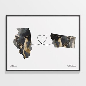 Illinois to Montana Print, Montanan Gift, Marble Two Countries Map Poster, Travel Art, Borderless Love Map, C22-1481