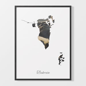 May include: A black and gold print of the map of Bahrain, with the name "Bahrain" written in black cursive at the bottom of the print.