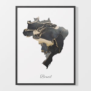 Impresión de arte de Brasil, cartel de mapa brasileño, arte elegante del país, pintura BR negra y dorada, arte de pared de moda, C25-25