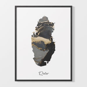 Qatar Art Print, Qatari Map Poster, Elegant Country Artwork, Black and Gold QA Painting, Majestic wall decor, C25-149