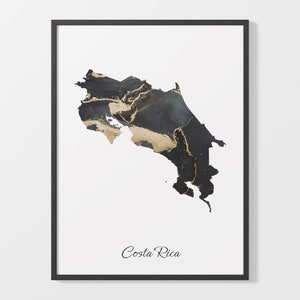 Costa Rica Kunstdruck, Costa-Rica-Kunstdruck, schwarz-goldene Landkarte, Landkarte, C 25-42