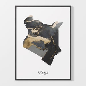 Kenya Art Print, Kenyan Map Poster, Elegant Country Artwork, Black and Gold KE Painting, Rich texture art, C25-95