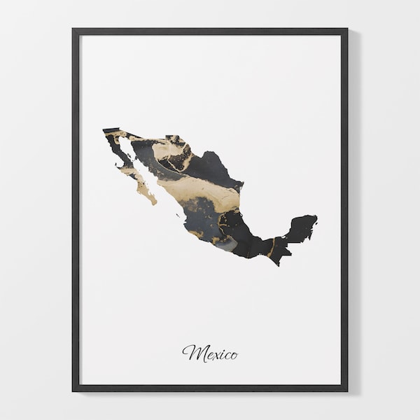 Mexico Art Print, Mexican Map Poster, Elegant Country Artwork, Black and Gold MX Painting, Artisan crafted map, C25-120