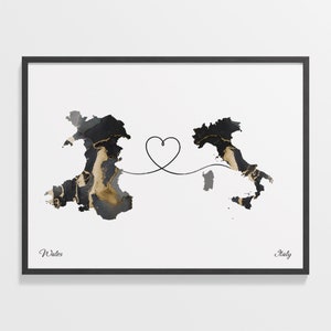 Wales to Italy Print, Italian Gift, Marble Two Countries Map Poster, Travel Art, Borderless Love, C22-1742