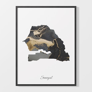 Senegal Kunstdruck Landkarte Poster Senegal, Elegantes Land Bild, Schwarz Gold Gemälde, Landkarte Poster, C25-159