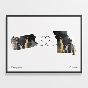 Pennsylvania to Missouri Print, Missourian Gift, Marble Two Countries Map Poster, Travel Art, Goodbye Map, C22-1427
