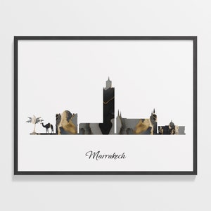 May include: A black and gold watercolour illustration of the Marrakech skyline, featuring a tall minaret and other buildings. A camel and palm tree are in the foreground. The text "Marrakech" is below the skyline.