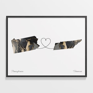 Pennsylvania to Tennessee Print, Tennessee Geschenk, Marmor zwei Länder Karte Poster, Reisekunst, internationale Liebe, C22-1446