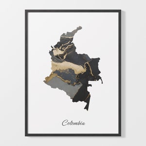 Colombia-kunstprint, Colombiaanse kaartposter, elegant landkunstwerk, zwart en goud CO-schilderij, op maat gemaakte muurkunst, C25-39