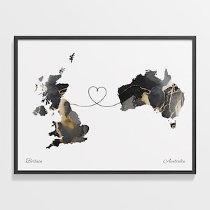 Print Groot-Brittannië naar Australië, Australisch cadeau, marmeren poster kaart twee landen, Britse muurkunst, afscheidscadeau, C22-208