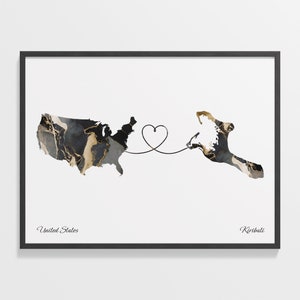 USA Kiribati Druck, I-Kiribati Geschenk, Marmor Zwei Länder Karte Poster, US Wandkunst, Länder Herz, C22-96