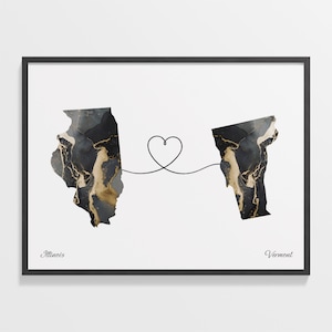 Illinois to Vermont Print, Vermonter Gift, Marble Two Countries Map Poster, Travel Art, New Country Map, C22-1502