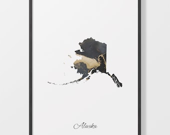 Alaska Map Art Print: Black and Gold Abstract AK Painting