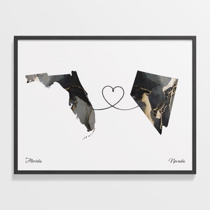 Print Florida naar Nevada, Nevadan cadeau, marmer twee landen kaart poster, reiskunst, tussenjaar, C22-1332