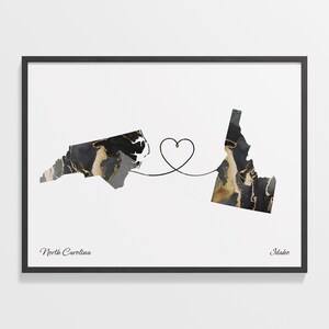 North Carolina to Idaho Print, Idahoan Gift, Marble Two Countries Map Poster, Travel Art, Goodbye Gift, C22-1624