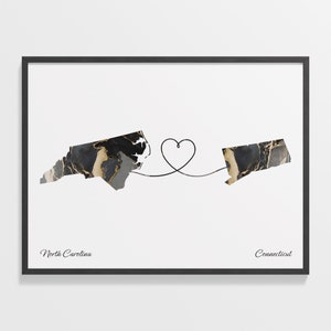 Nordcarolina to Conneticut Druck, Nordcarolina Geschenk, Marmor Zwei Länder Karte Poster, Reisekunst, LDR, C22-1617