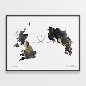 Großbritannien zu Costa Rica Druck, Costa Rica Geschenk, Marmor Zwei Länder Karte Poster, UK Wandkunst, Im Ausland leben Geschenk, C22-241