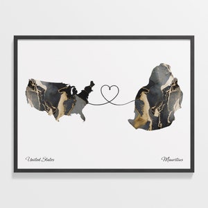 USA to Mauritius Print, Mauritian Gift, Marble Two Countries Map Poster, US Wall Art, Travel Gift, C22-118