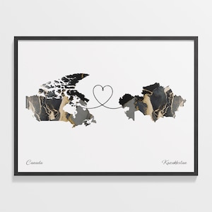 Kanada Kasachstan Druck, Jordanien Geschenk, Marmor zwei Länder Karte Poster, Reisekunst, Länder Herz, C22-690