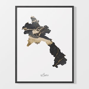 Laos Art Print, Laotian Map Poster, Elegant Country Artwork, Black and Gold LA Painting, Gilded map art, C25-100
