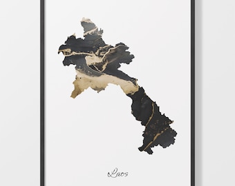 Laos Map Art Print: Black and Gold Laotian Artwork