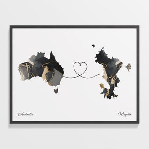 Australia to Mayotte Print, Mauritian Gift, Marble Two Countries Map Poster, Travel Art, Emigration Map, C22-914