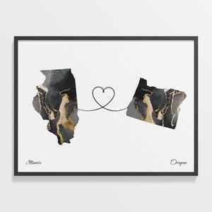 Illinois to Oregon Print, Oregonian Gift, Marble Two Countries Map Poster, Travel Art, Far Apart Gift, C22-1492