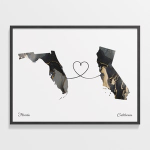 Print Florida naar Californië, Californisch cadeau, marmer twee landen kaart poster, reiskunst, nieuw land cadeau, C22-1303